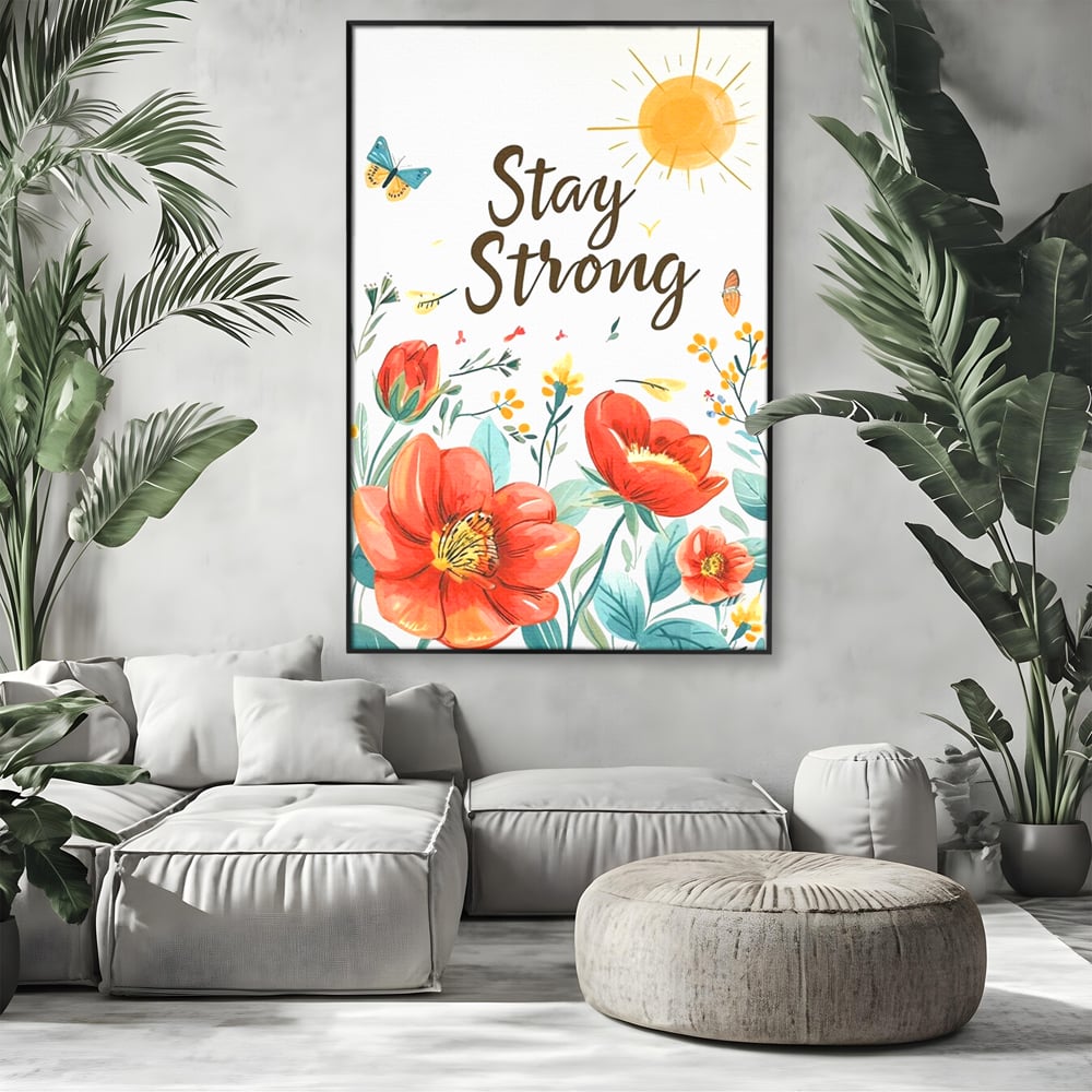 Tablou canvas cu tablou motivational cu flori si soare, in rama de aluminiu negru, pe perete intr-un living